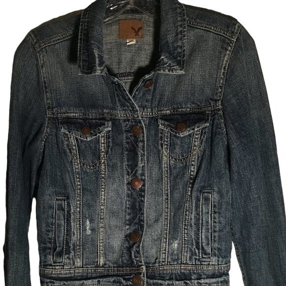 American Eagle Cropped Denim Jacket Women's S/P Blue Fade Distressed Trucker - Picture 1 of 11